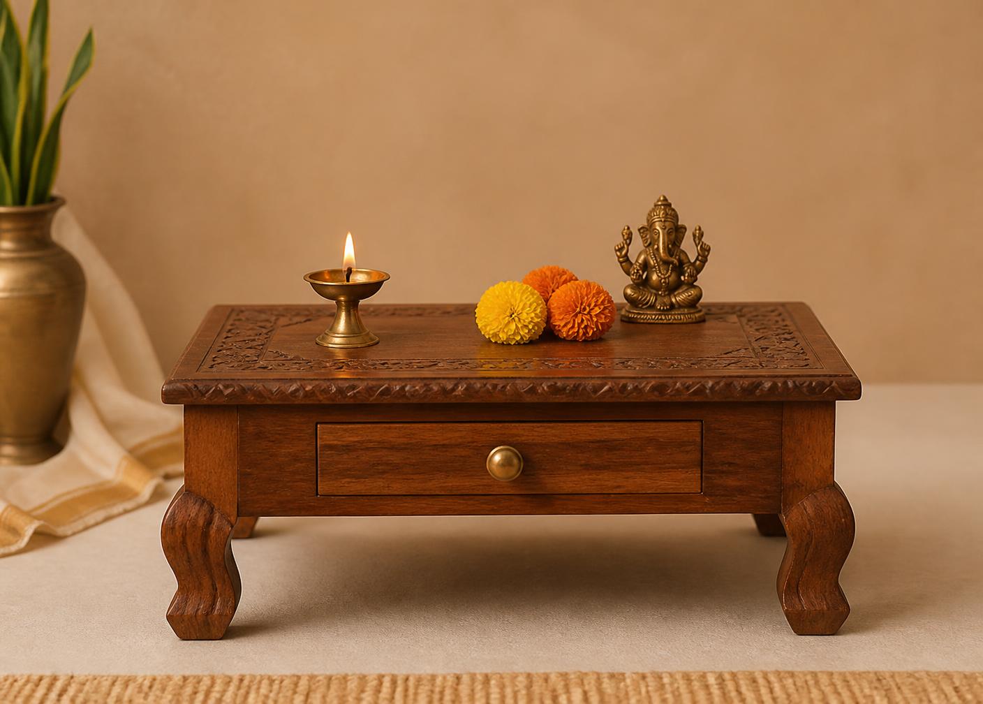 Custom wooden puja chowki bajot prayer table with a drawer