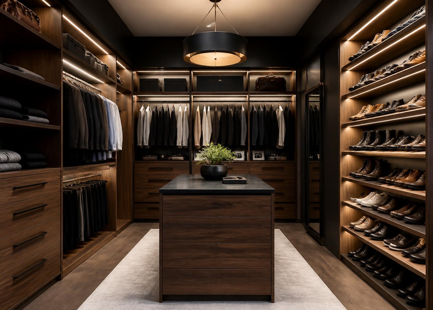 Custom walk-in closet with walnut shelving and drawers in Scarborough