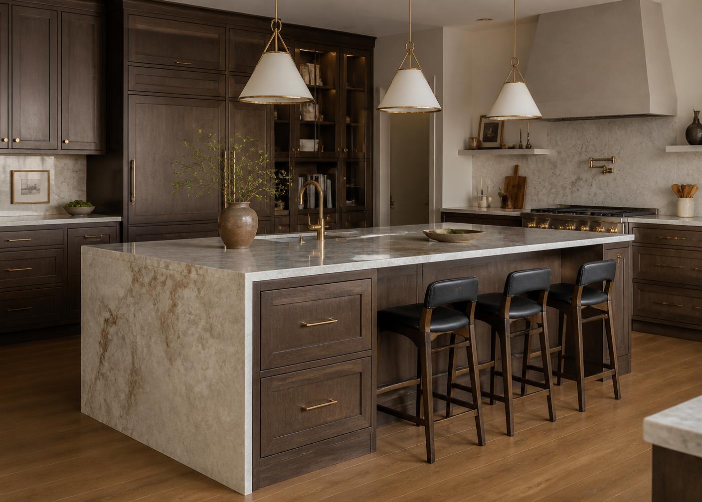 Custom kitchen island with stone waterfall top built for a Scarborough home