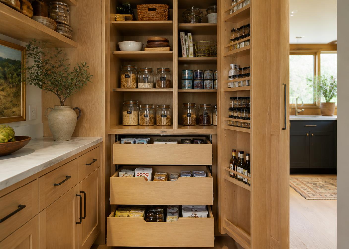 Custom white oak pantry cabinetry with pull-out drawers