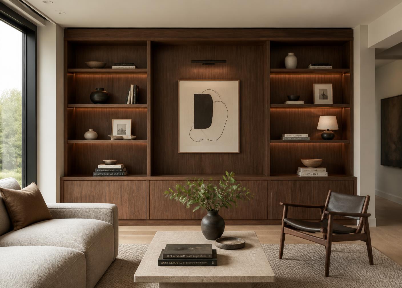 Custom built-in walnut wall unit with shelving and closed storage