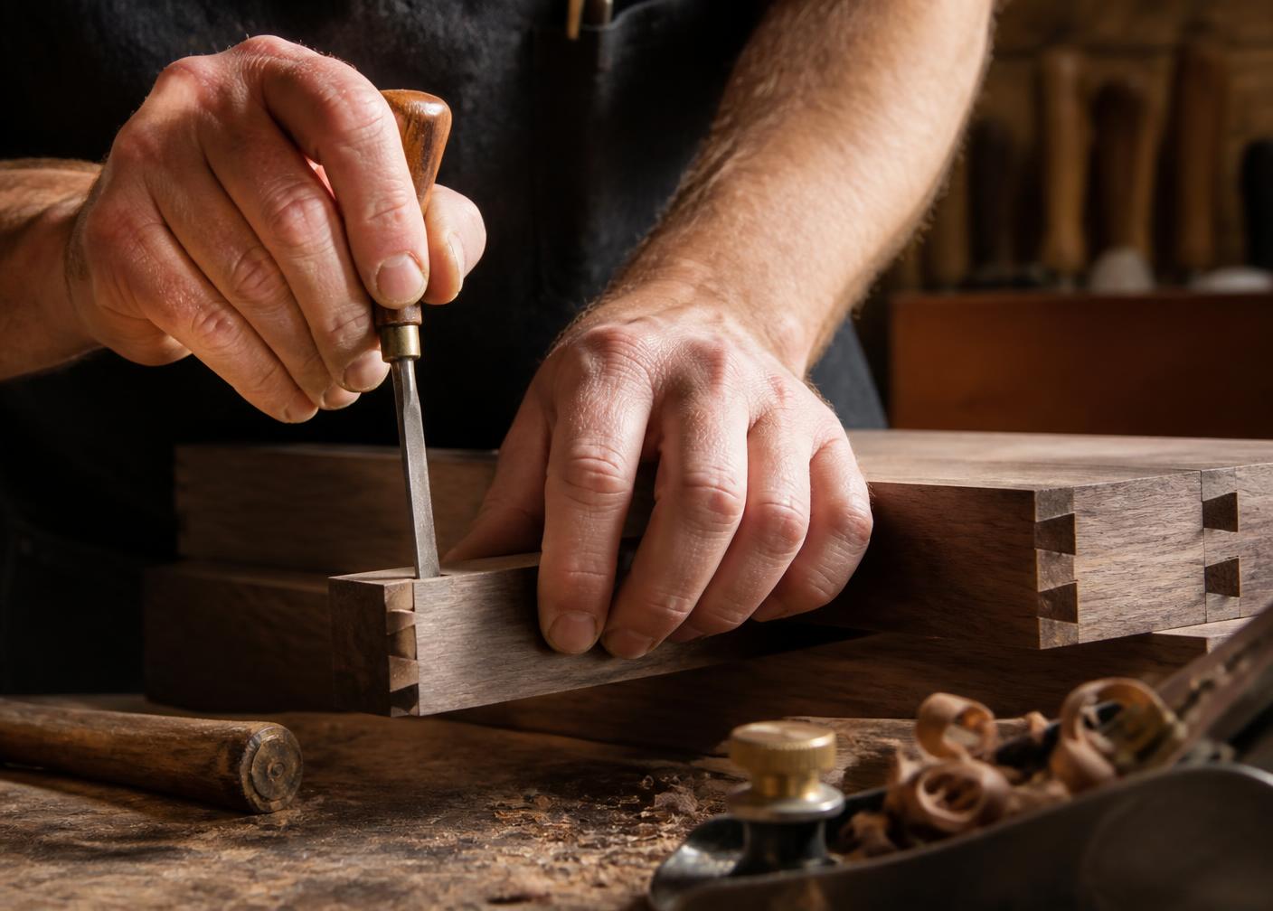 Craftsman cutting dovetail joinery in walnut in the K.M.T. workshop